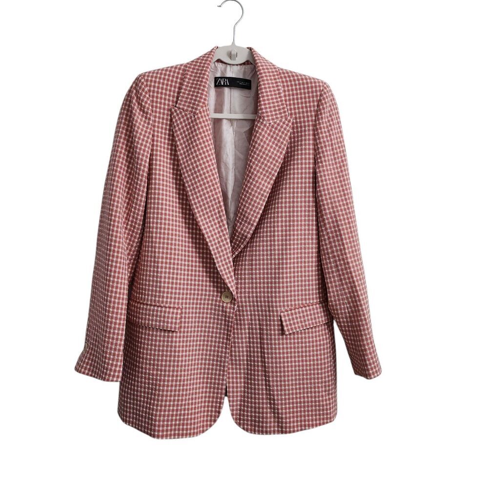 Zara Blazer Small Gingham Pink & White Jacket Bloggers Favorite Pockets Collared